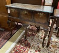A Queen Anne style walnut three drawer side table, possibly an adapted stand, width 91cm, depth