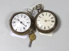 A George III silver pair cased keywind pocket watch, by Butt of London and a similar later watch