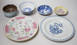 Two 18th century Chinese export plates and four Chinese bowls/dishes, largest 22cm diameter