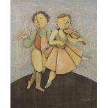 Joyce Roybal (1955-), oil on canvas, Two musicians, signed, 60 x 50cm