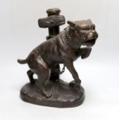 After Mene. A bronze of a pit bull dog chained to a post, 33cm high