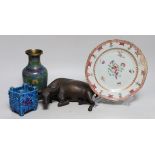 A model of a Chinese bronze bull, a cloisonné enamel vase, a export plate and a Japanese pottery