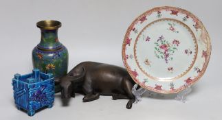 A model of a Chinese bronze bull, a cloisonné enamel vase, a export plate and a Japanese pottery