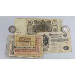 A collection of Russian pre-revolutionary banknotes and two Prince Charles Prince of Wales