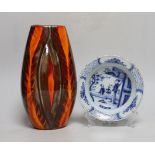 A ‘Delphis’ Poole pottery vase and a Delft bowl, vase 26cm high