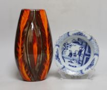 A ‘Delphis’ Poole pottery vase and a Delft bowl, vase 26cm high