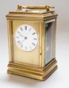 A late 19th century French ormolu, hour repeating carriage clock, with gorge case and enamelled