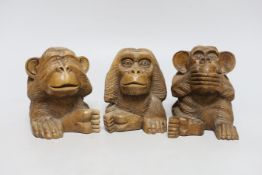 Three carved wood monkeys - hear no evil, see no evil and speak no evil, 10cm tall