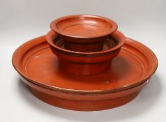 Three Burmese red lacquer dishes, largest 46cm