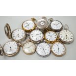 Eleven assorted silver or base metal pocket watches including Cymrex, Sun-Dial with decorated case