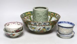 A Chinese celadon brush pot, a Cantonese bowl, two rice bowls and a rice bowl on stand, Cantonese