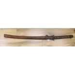 A Japanese WWII Shin gunto (sword) and leather mounted scabbard