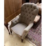 A Victorian spoonback armchair, width 70cm, depth 75cm, height 100cm