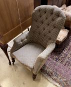 A Victorian spoonback armchair, width 70cm, depth 75cm, height 100cm