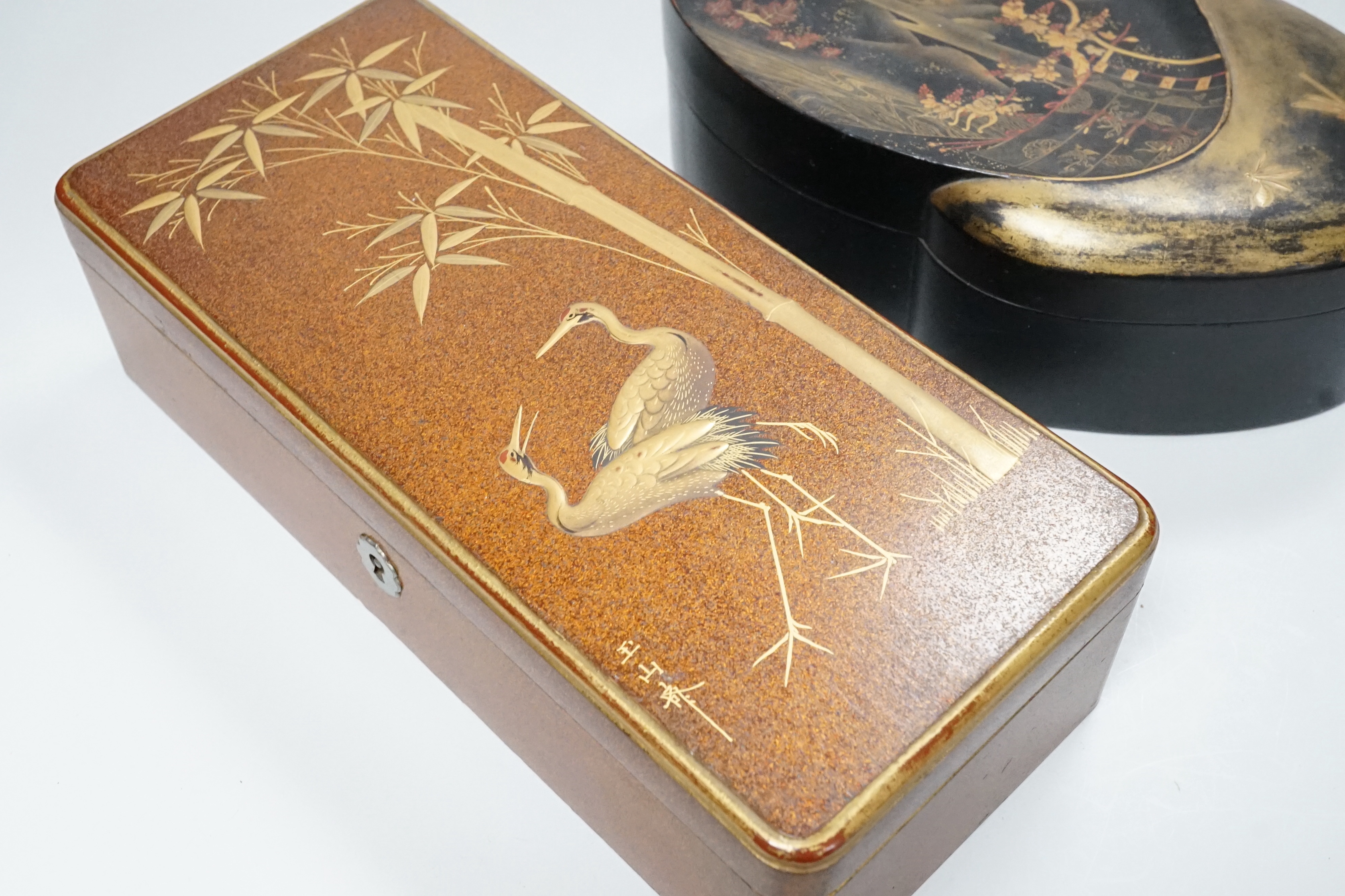 A Japanese lacquer rectangular box and cover, signed, Taisho period and a Japanese clam-shell shaped - Image 3 of 3