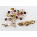 A 9ct seed pearl and gem set oval brooch, 35mm, one other yellow metal and multi gem set spray