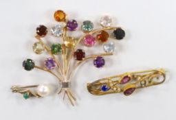 A 9ct seed pearl and gem set oval brooch, 35mm, one other yellow metal and multi gem set spray