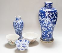 A Chinese prunus vase, a smaller vase and three rice bowls, prunus vase 30cm high