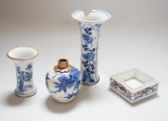 Three Chinese blue and white vases and a wucai square box, one with inscription, 18th century and