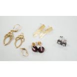 A modern pair of 18ct gold scroll drop earrings, 26mm, 4.7 grams (a.f.) and three other pairs of