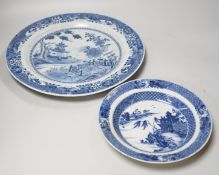 Two Chinese blue and white plates, 18th/19th century, largest 35cm