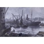 Cecil King (1881-1942), monochrome watercolour, 'Tower Bridge from the Thames', signed, 26 x 37cm