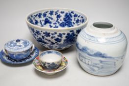 A Chinese bowl, jar, dragon pot and cover, tea bowl and two other items (6)