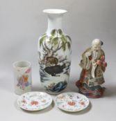 A Chinese famille verte vase, together with a Chinese figure of Shou lao, 21cm tall, and other