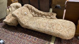 A Victorian upholstered chaise longue, length 170cm, height 66cm together with a Victorian spoon