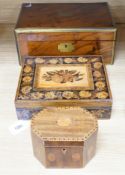 A mahogany brass bound writing slope, an octagonal inlaid tea caddy and a Tunbridgeware box, 26cm