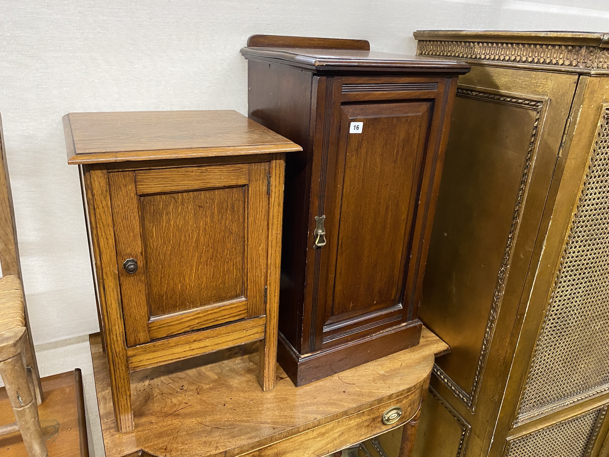 A late Victorian mahogany bedside cabinet, height 78cm, a later oak cabinet and a rush seat child' - Image 2 of 3