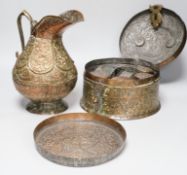 An Indian copper jug, various boxes and a tray, 26cm high