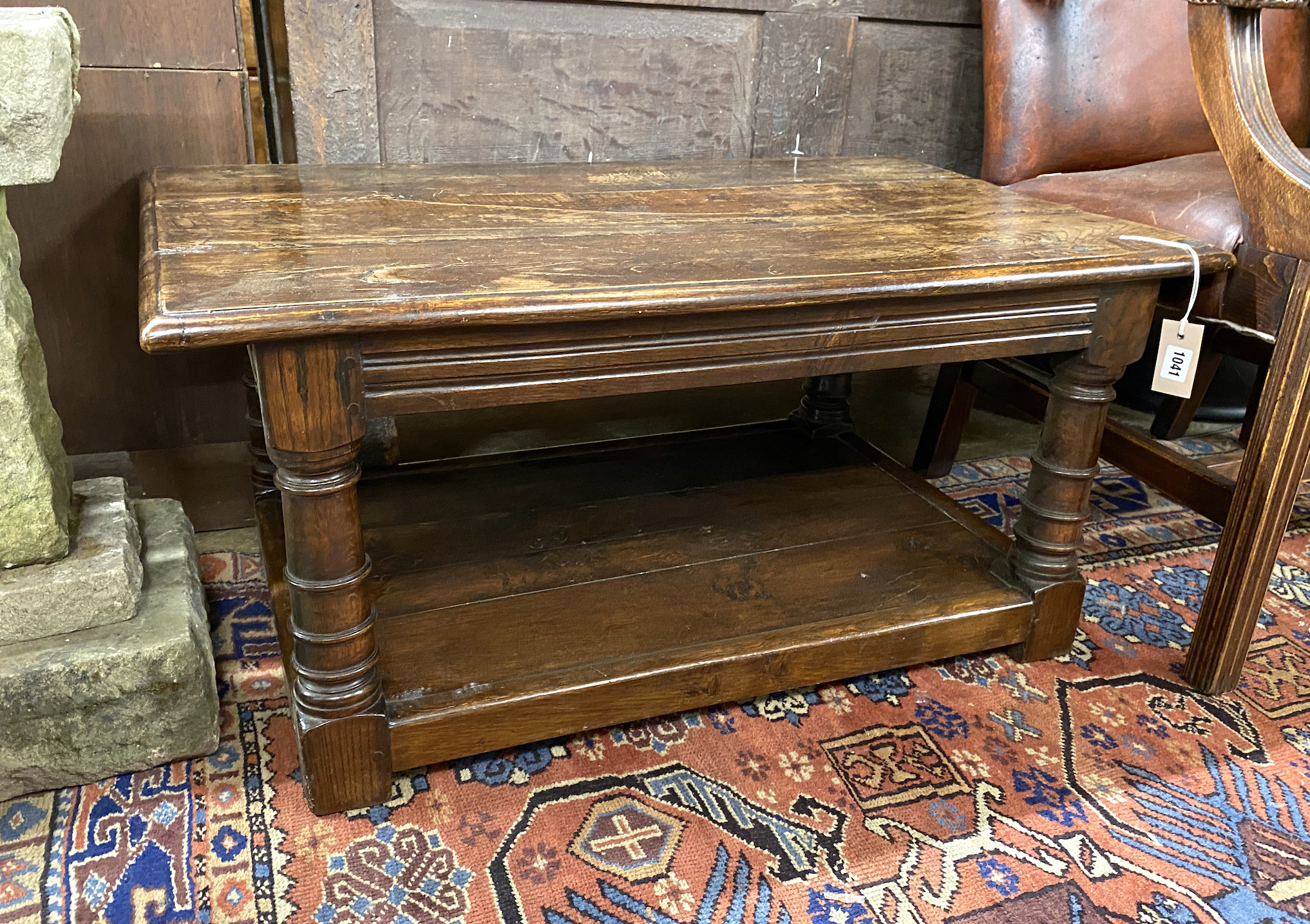 An 18th century style rectangular oak two tier coffee table, width 92cm, depth 56cm, height 44cm