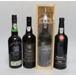 A bottle of cased Fonseca vintage port 1996, a Cockburn 1984, a Taylors 1985 and Ramos Pinto 1994