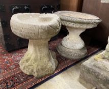 Two reconstituted stone bird baths, larger diameter 47cm and height 36cm