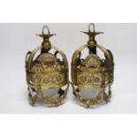 A pair of hanging lanterns, with interior glass shades 28cm high