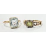 A late Victorian 15ct, peridot and diamond cluster set ring, size M and an Edwardian 15ct and