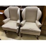 A good pair of George III style upholstered wing armchairs, width 84cm, depth 74cm, height 116cm