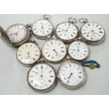 Nine assorted silver or white metal pocket watches including Joseph Stromier and John Forrest.