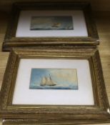 Attributed to Richard Marks, two pairs of watercolours, Sailing ships at sea, largest 12 x 21.5cm