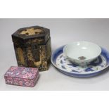A Chinese blue and white dish, a famille rose bowl, a Canton enamel box and cover and a gilt