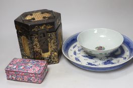 A Chinese blue and white dish, a famille rose bowl, a Canton enamel box and cover and a gilt