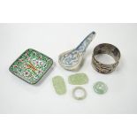 Four Chinese jade items, a pottery spoon, napkin ring and enamel dish, dish 6.5cm wide