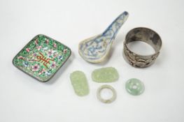 Four Chinese jade items, a pottery spoon, napkin ring and enamel dish, dish 6.5cm wide