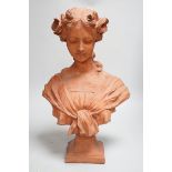 An Art Nouveau-style terracotta portrait bust of a young girl, 46cm high