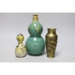 A Japanese bronze faux bois vase, a Satsuma vase and a porcelain tokkuri, a faux bois vase 15cm high