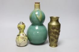 A Japanese bronze faux bois vase, a Satsuma vase and a porcelain tokkuri, a faux bois vase 15cm high