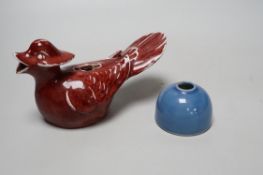 A Chinese sang de boeuf cockerel and blue glazed inkwell, cockerel 18cm wide