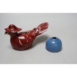 A Chinese sang de boeuf cockerel and blue glazed inkwell, cockerel 18cm wide