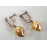 A pair of Victorian yellow metal and seed pearl 'facetted' drop ear clips, overall 34mm, gross
